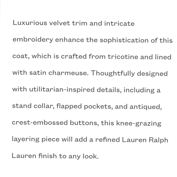 Ralph Lauren Embroidered Velvet & Sequins  Trim Tricotine Coat - Picture 8 of 8